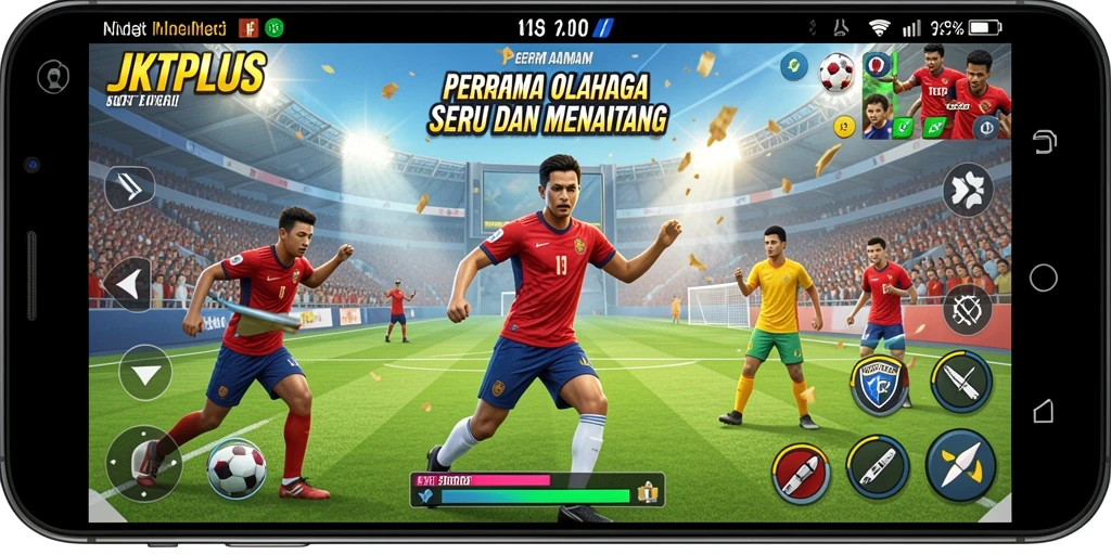 Screenshot gameplay <strong>JKTPLUS</strong> menunjukkan pertandingan olahraga yang mendebarkan.