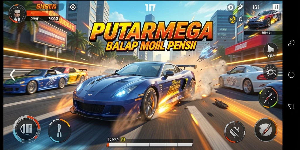 Gambaran gameplay balapan yang cepat dan mendebarkan di PUTARMEGA.