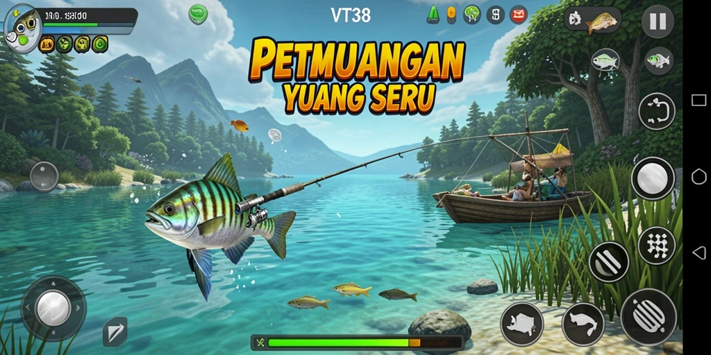 Screenshot utama VT38 menampilkan aksi memancing yang mendebarkan di lokasi yang indah.